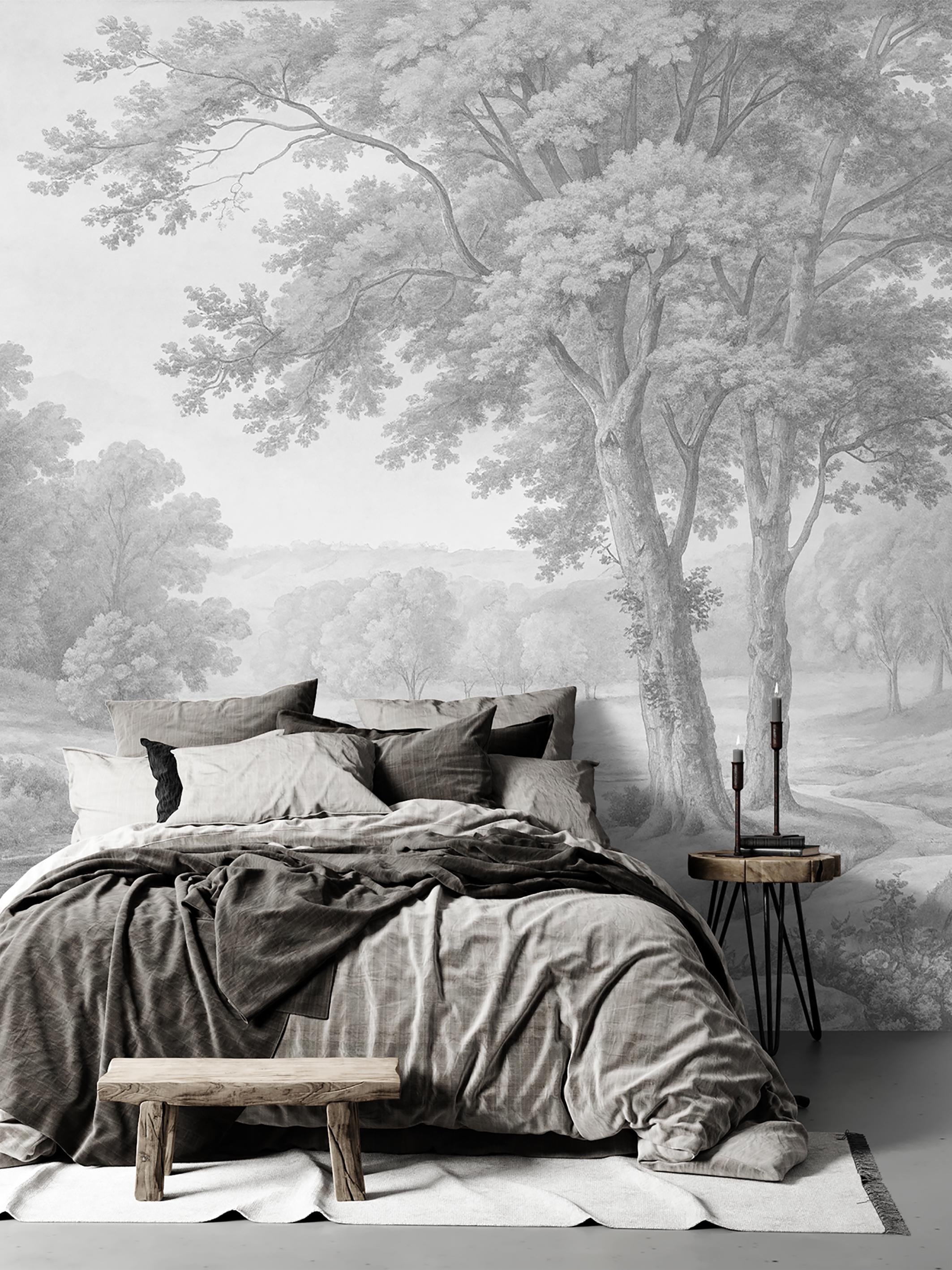 Vintage Black and White Forest Mural Wallpaper Scenic Wall Art Pastoral ...