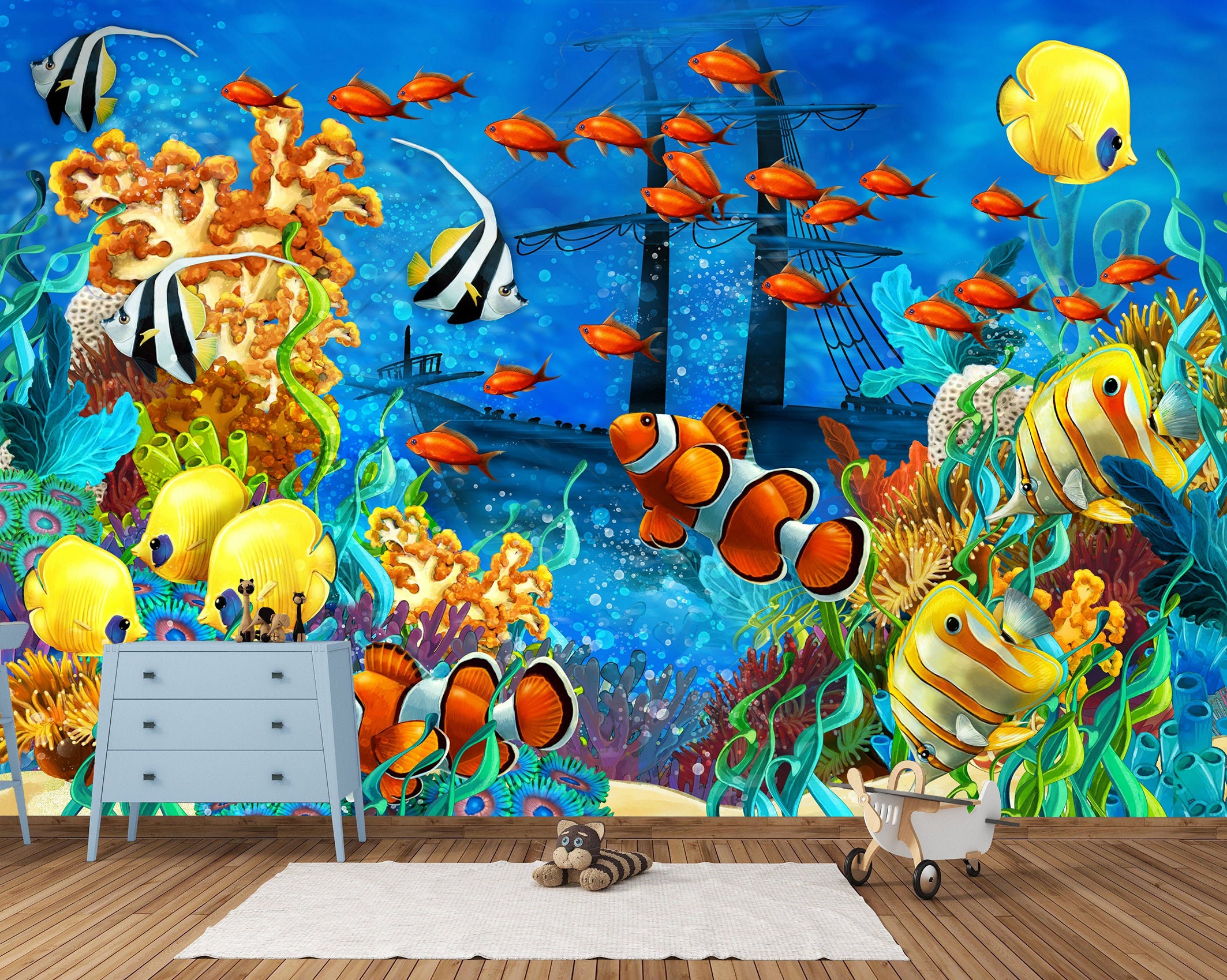 Underwater Life Peel and Stick Kids Room Wallpaper Coral Reef | Etsy UK