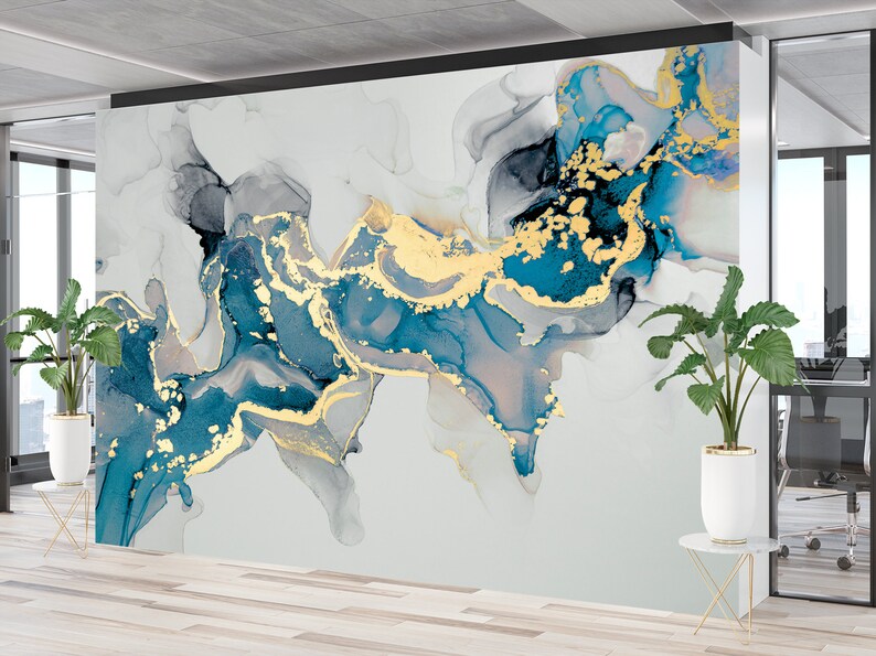 Peel and Stick Wallpaper Abstract Marble Wall Mural Blue Etsy
