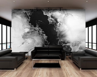 Black Abstract Mural Wallpaper Peel and Stick Marble Vinyl Office Bedroom Living Room Wallpaper Coal Gray Marble Accent Wall Decor Print