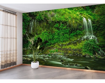 Forest Greenery Waterfall Mural Wallpaper Peel and Stick Bedroom Living Room Wall Decoration Nature Wallpaper Rainforest Wall Mural Scenic