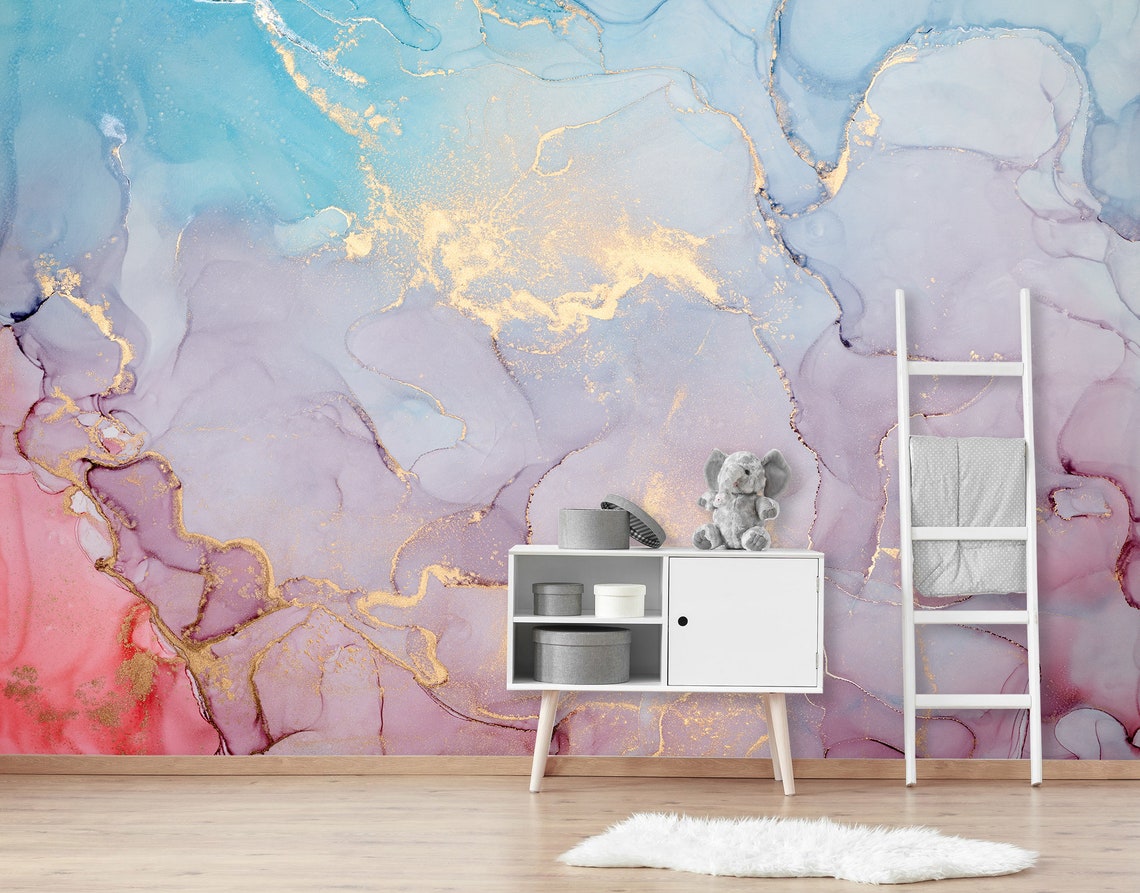 Pink Blue Wall Mural Abstract Wallpaper Accent Wall Decor Etsy