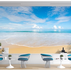 Beach Sea Mural Summer Sun Wallpaper Peel & Stick Sand Beach Blue Water Wave Coastal Wallpaper Tropical Beach Wallpaper Ocean Sea Wallpaper