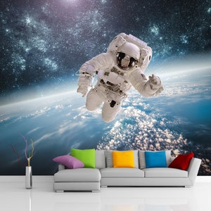 Carta da parati con paesaggio spaziale con astronauta, stacca e attacca la carta da parati per la sala giochi dei bambini, carta da parati con vista sullo spazio, decorazione da parete per la stanza dello spazio, carta da parati stampata