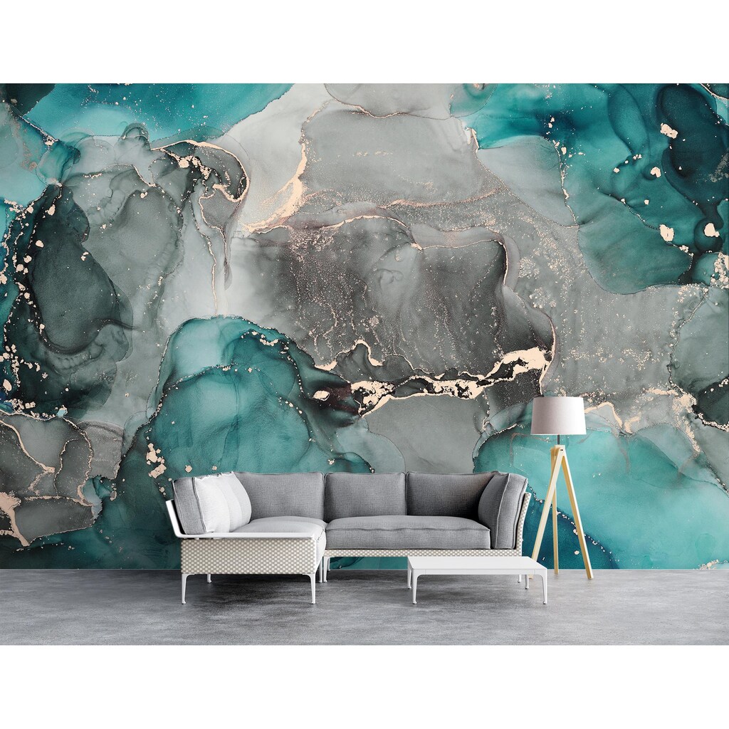 Quadro Su Tela Astratto Moderno, 50x100 Cm, Colori Turchese E Oro Con Effetto Marmo - Decorazione Da Parete Per Soggiorno E Camera