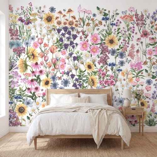 Papel pintado mural floral bohemio tradicional / autoadhesivo, papel pintado botánico vintage de flores silvestres para decoración de paredes de estilo rústico.