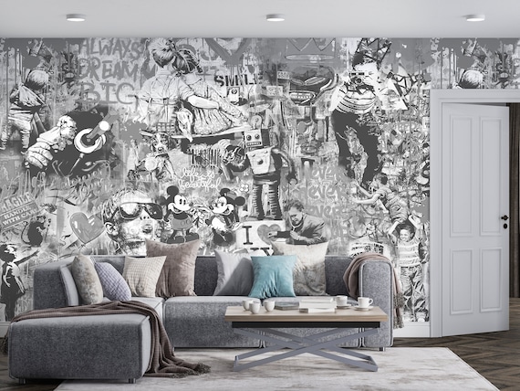 Black and White Graffiti Wallpaper Peel and Stick / Traditional