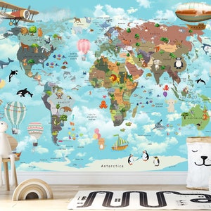 May include: A colorful world map with animals and hot air balloons on a blue background. The map is surrounded by clouds and has a light blue border. The map is on a wall in a room with a wooden chair, a rainbow-colored arch, and a black and white road rug.