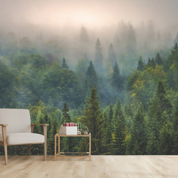 Wall Mural Vinyl Wallpaper Forest Scenery Wall Decor Peel and Stick Wallpaper Nature Accent Wall Decor Green Foggy Trees Sunset Wallpaper