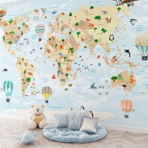 Wanddekor Kinder Spielzimmer Wandbild Tapete Schälen und Aufkleben Coole Landkarte Große Kinderzimmer Wandkunst Aufkleber Bunte Kinder Akzentwand