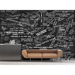 Murale murale con citazioni motivazionali in bianco e nero e graffiti - Carta da parati unica in stile urbano da staccare e attaccare - Decorazione murale in stile street per palestra e ufficio