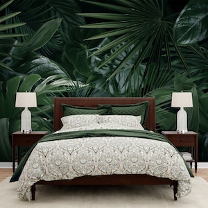 Tropical Leaf Botanical Wallpaper Dark Green Wall Mural Leaves Print Wall Decor Bedroom Living Room Wallpaper Peel and Stick Nature Prints