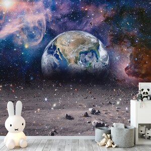 Carta da parati fantasy cosmica con la Terra e la Luna – Carta da parati spaziale per la camera da letto di bambini o adolescenti – Carta da parati adesiva con universo spaziale