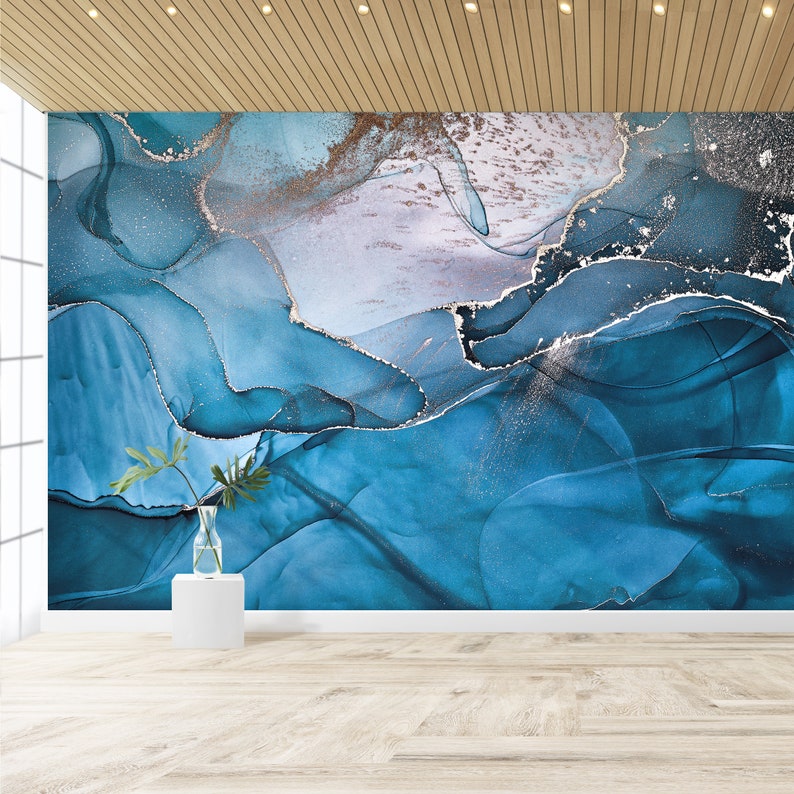 Luxury Blue Marble Wall Mural - Abstract Aqua Marine Peel & Stick ...