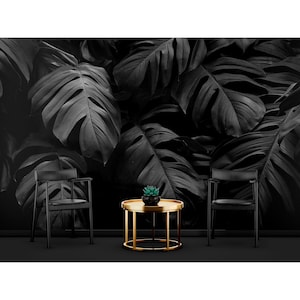 Carta da parati botanica scura con foglie tropicali nere, staccabile e attaccabile / non incollata - Stampa carta da parati per camera da letto con foglie di monstera nere