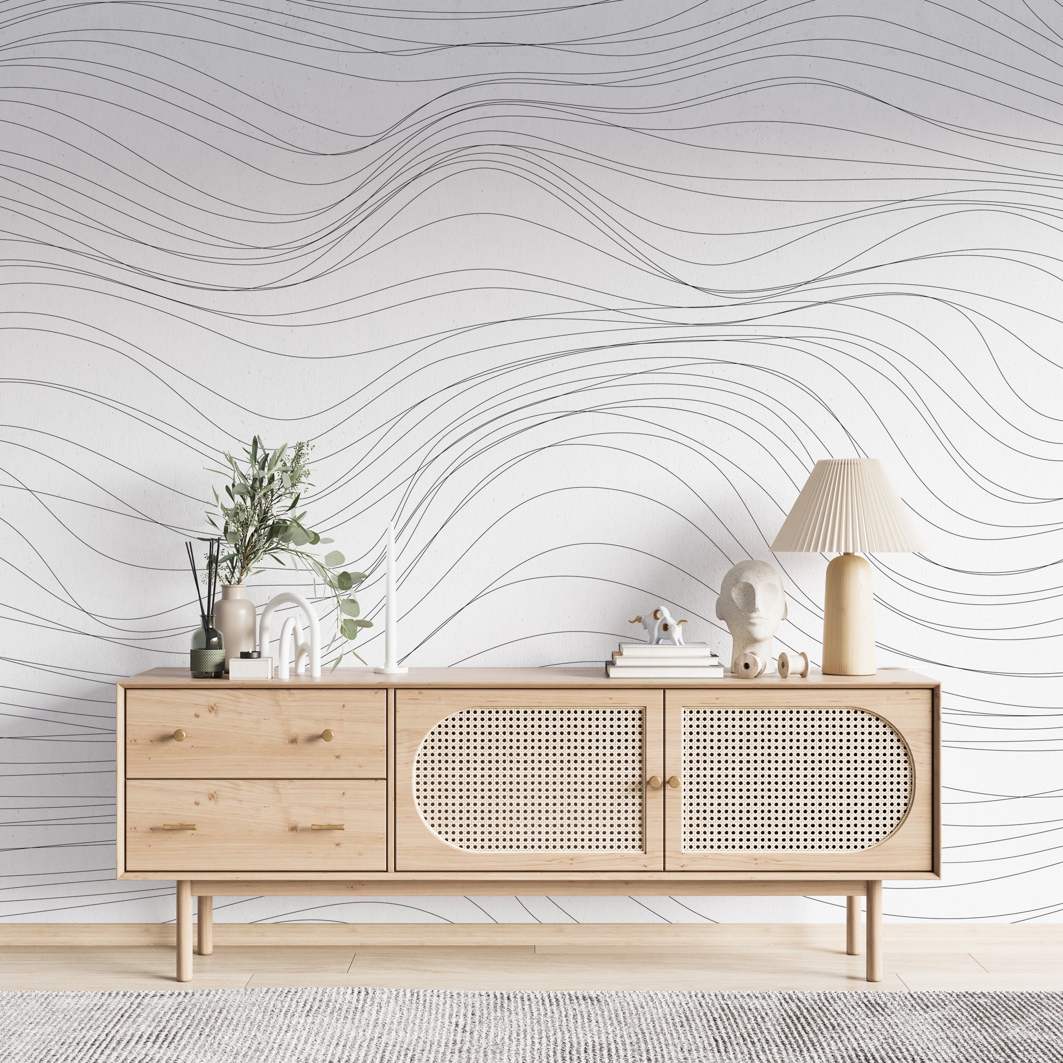 Behang met witte golvende lijnen dunne strepen abstract behang Peel and  Stick / Traditioneel modern muurdecor zwart-wit accent muurmuurschildering  - Etsy België, image size:2126x2126