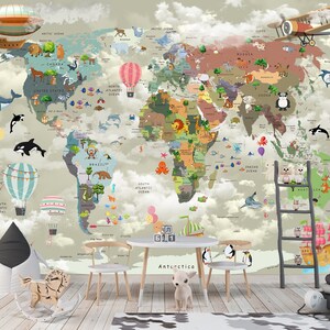 May include: A wall mural featuring a world map with colorful illustrations of animals, hot air balloons, and airplanes set against a cloudy sky background. The map includes labeled continents and oceans with various creatures placed across the globe.