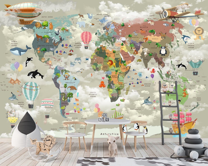 May include: A wall mural featuring a world map with colorful illustrations of animals, hot air balloons, and airplanes set against a cloudy sky background. The map includes labeled continents and oceans with various creatures placed across the globe.