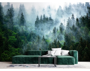 Papel de Parede Autoadesivo com Floresta Montanhosa e Nebulosa, Papel de Parede Floresta Nebulosa, Papel de Parede Árvores Verdes, Papel de Parede Verdejante Floresta de Pinheiros