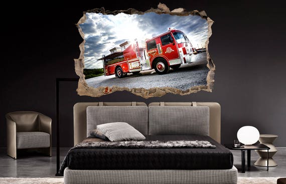 FIRE ENGINE PERSONALISED WALL STICKER children's boy's bedroom decal art 2 sizes