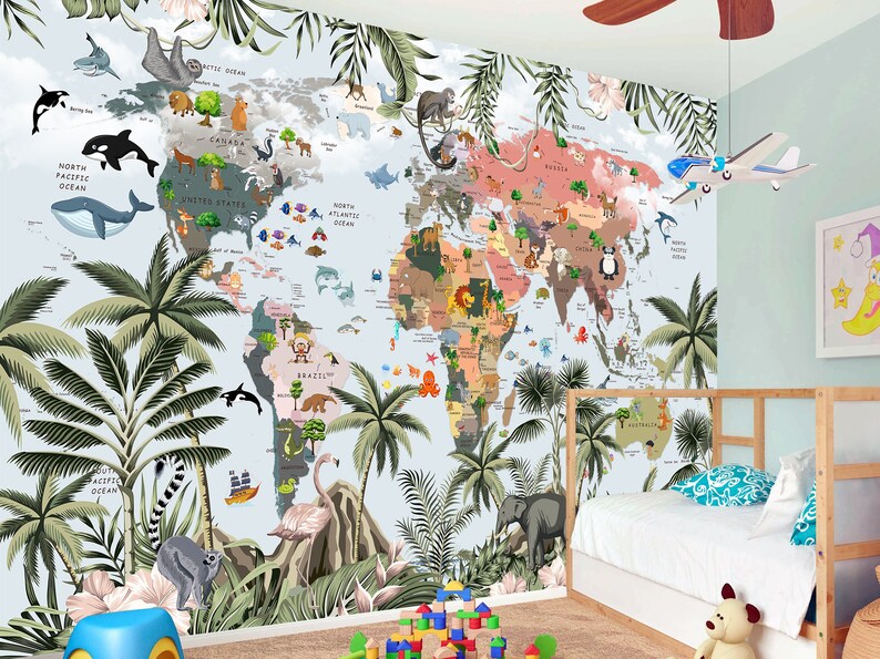 Kid Baby Room Safari Wallpaper Animal Map Wall Mural Peel and Etsy