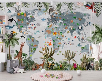  3D World Map Wallpaper - Cartoon Map with Baloons Mural Decor  for Nursery, Kids and Game Room - Removable and Reusable - One Piece, Easy  Installation (Peel and Stick, 197''Wx104'' H) 