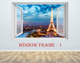 Paris Window View Wall Sticker Eiffel Tower Wall Art Wall Decal Custom 3D Window Wall Sticker