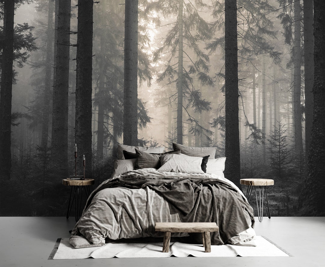 Dark Foggy Forest Wallpaper Peel and Stick \ Traditional | Misty Trees ...