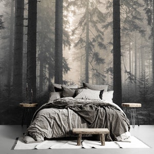 Papier peint forêt brumeuse foncé et adhésif \ Traditionnel | Papier peint arbres brumeux décoration murale moderne chambre salon papier peint Moody