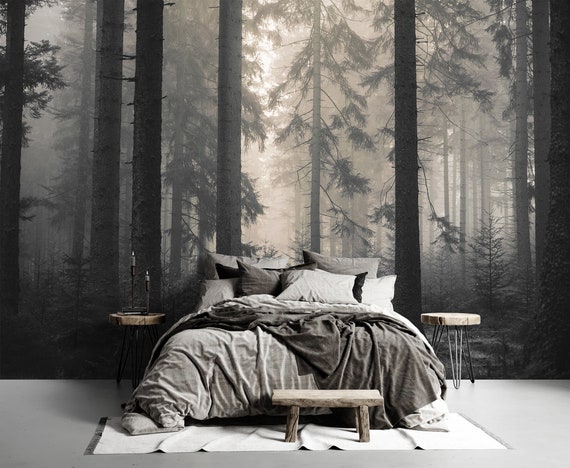 Dark Foggy Forest Wallpaper Peel and Stick \ Traditional | Misty Trees Wallpaper Mural Modern Wall Decor Bedroom Living Room Wallpaper Moody