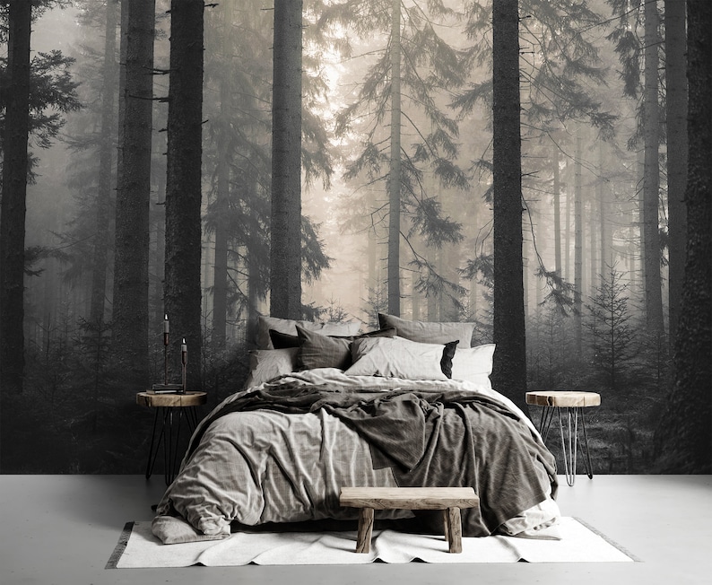 Dark Foggy Forest Wallpaper Peel and Stick \ Traditional | Misty Trees Wallpaper Mural Modern Wall Decor Bedroom Living Room Wallpaper Moody image 1