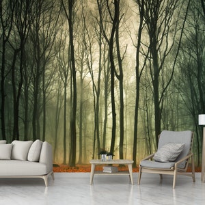 May include: A misty forest scene with tall, bare trees in a muted green and brown color palette. The trees are silhouetted against a hazy, golden light. The scene is framed by a living room with a couch, coffee table, and chair.