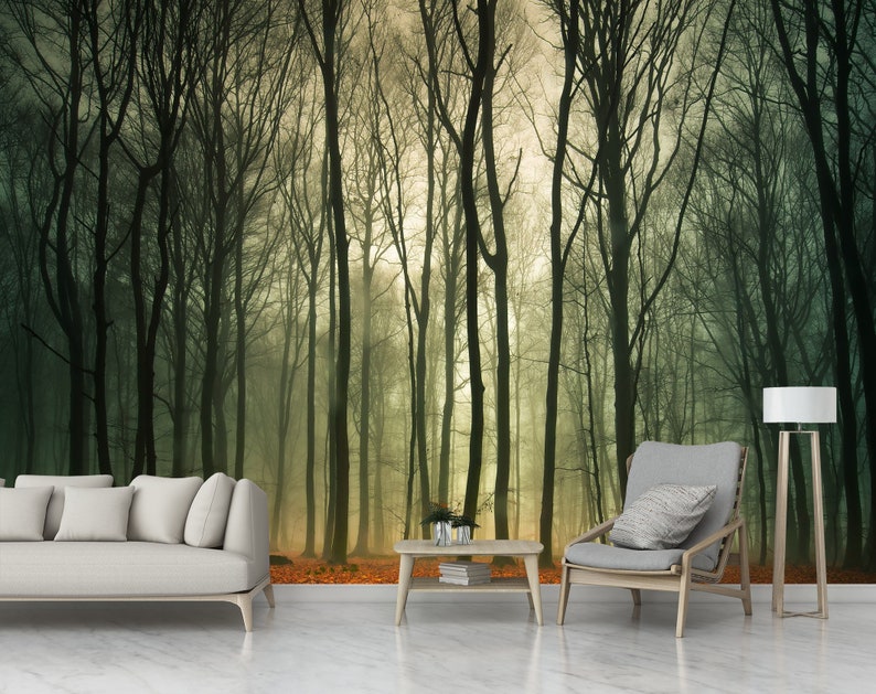 May include: A misty forest scene with tall, bare trees in a muted green and brown color palette. The trees are silhouetted against a hazy, golden light. The scene is framed by a living room with a couch, coffee table, and chair.