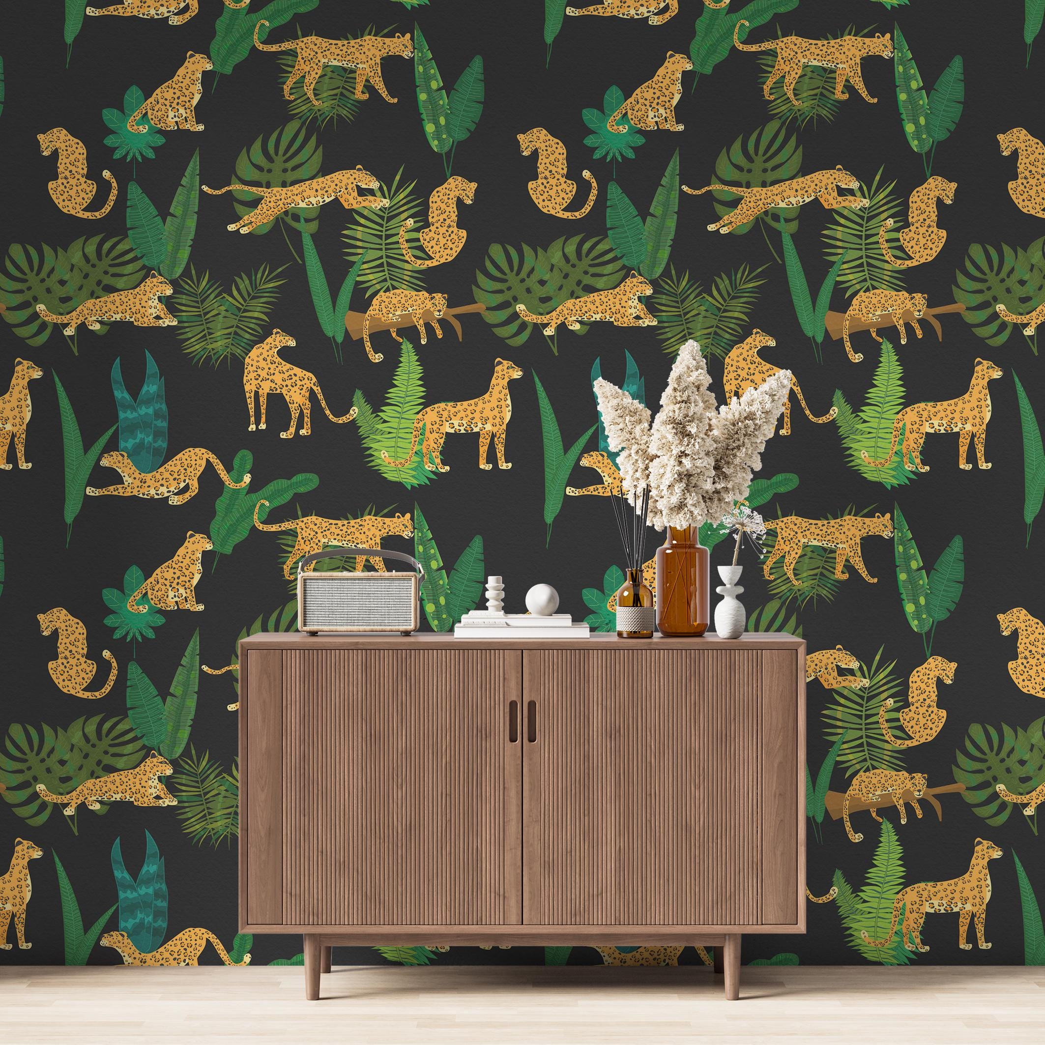 Leopard Jungle Wallpaper | Dark Botanical Peel and Stick Mural | Exotic ...