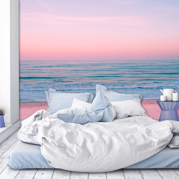 Pink sea sunset Aesthetic wallpaper Beach wall mural Peel and stick Self adhesive Sea wallpaper Sea wave wall mural Bedroom wallpaper