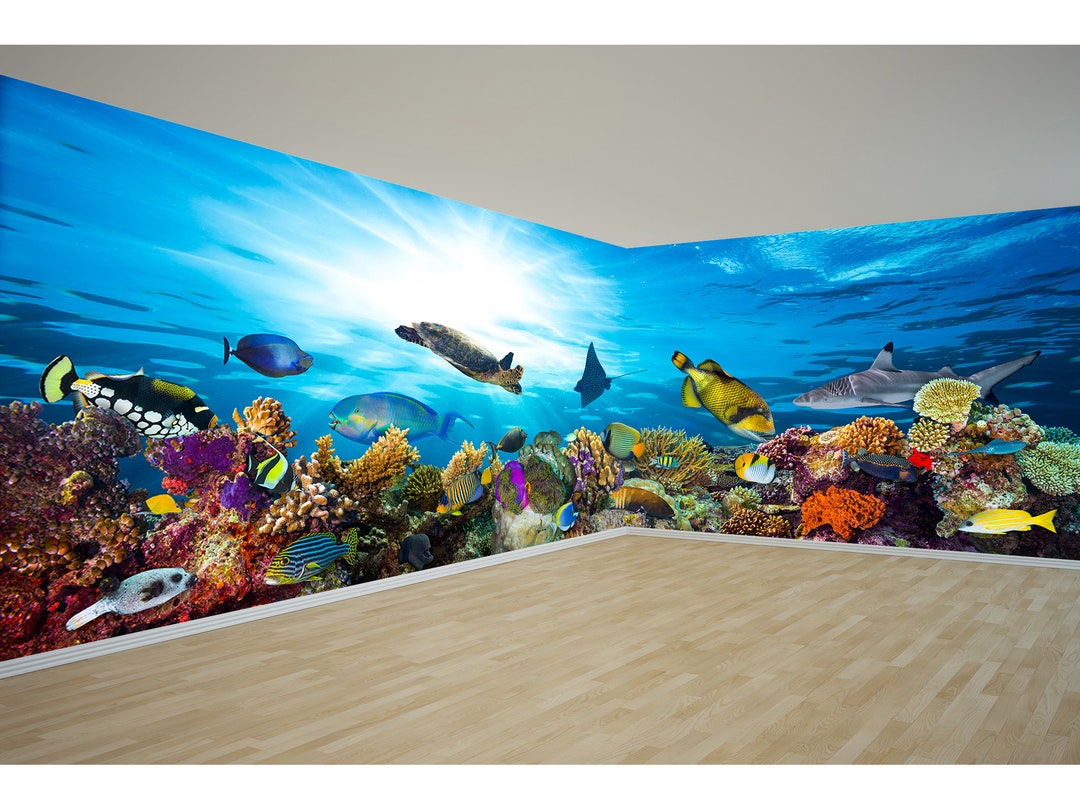 Sea Life Panoramic Wallpaper Fishes Wallpaper Underwater Mural Sea World Art Wide Wall Decor Extra Large Wallpaper Coral Reef Wall Art Decal Etsy