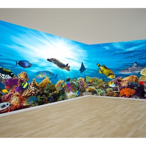 Sea Life Panoramic WallMural Fishes Wallpaper Underwater Mural Sea World Art Wide Wall Decor Extra Large Wallpaper Coral Reef Wall Art Decal