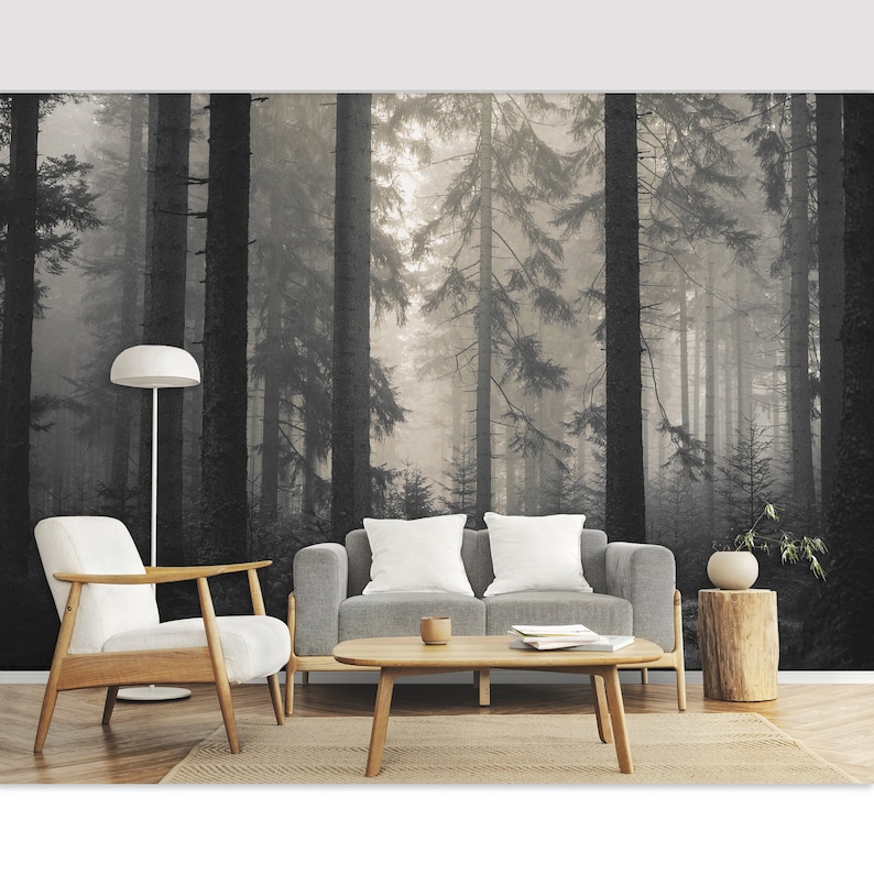 Dark Foggy Forest Wallpaper Peel and Stick \ Traditional | Misty Trees Wallpaper Mural Modern Wall Decor Bedroom Living Room Wallpaper Moody image 9