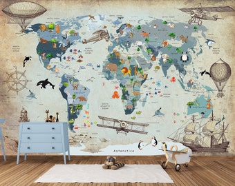 Vintage Kids Wallpaper Mural Animal Map of World with Country Names Nursery Wall Print Peel and Stick Kids World Map Educational Wall Decor