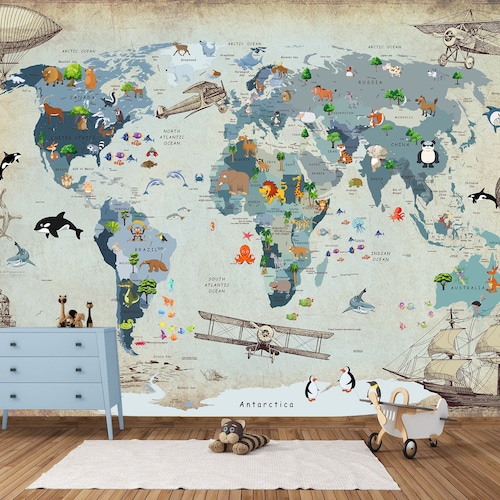 Grey Blue World Map Kids Nursery Mural Wallpaper Peel and Etsy
