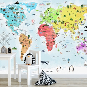 Carta da parati murale colorata per bambini con mappa del mondo, acquerello educativo vibrante - Carta da parati staccabile e attaccabile / non incollata per bambini