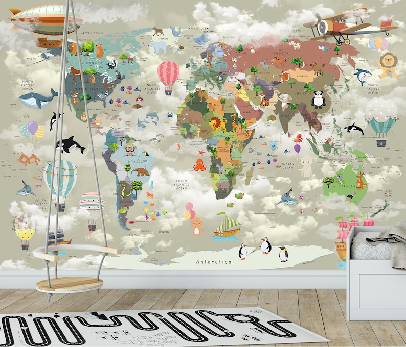 May include: A wall mural featuring a world map with colorful illustrations of animals, hot air balloons, and airplanes set against a cloudy sky background. The map includes labeled continents and oceans with various creatures placed across the globe.