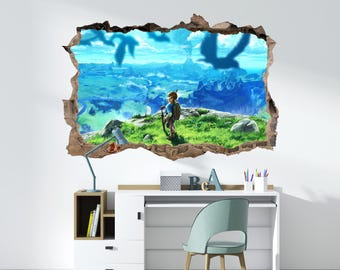 Puede incluir: Un adhesivo de pared con un efecto de agujero 3D que revela un paisaje con un personaje de pie sobre un acantilado verde que domina un valle azul, montañas y un volcán lejano bajo un cielo con siluetas de aves volando en el horizonte.
