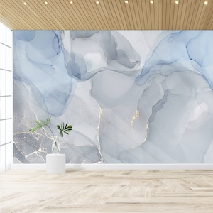 Blue Marble Abstract Peel and Stick Wallpaper Wall Mural Self-Adhesive / Traditional Vinyl Wallpaper Modern Bedroom Light Blue Wall Decor
