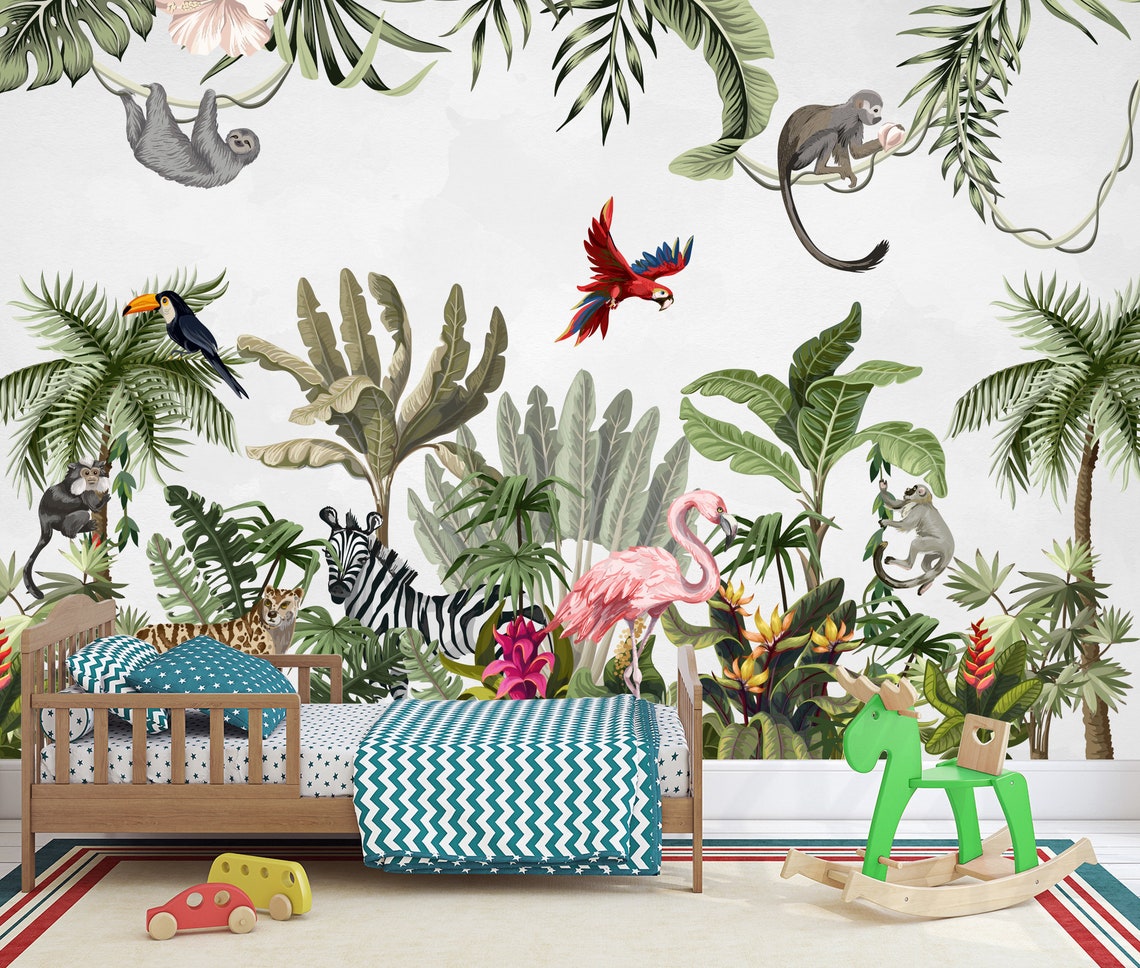 Papel tapiz de selva tropical con animales exóticos para la Etsy España