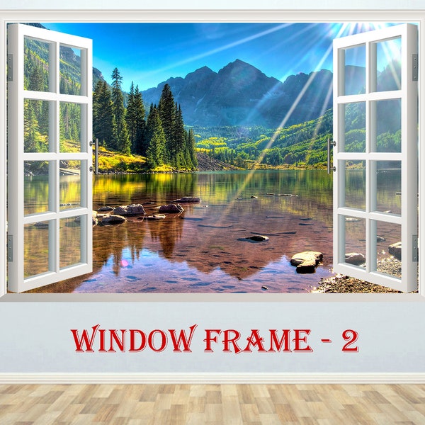 3D Window Mountains Lake View Wall Decor Vinyl Wall Sticker 3D Window View Nature Wall Print Window Effect Wall Sticker Window Frame Mural