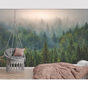 Forest Scenic Wall Mural Vinyl Wallpaper Forest Wall Decor Peel & Stick Wallpaper Nature Bedroom Living Room Wallpaper Green Foggy Trees