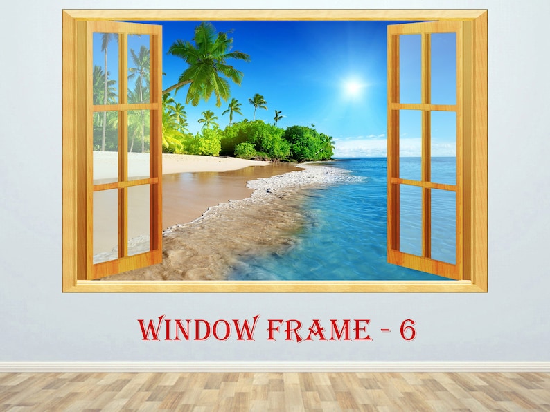 3D Window Beach Sea Wall decor Vinyl Poster Nature 3D Window view Wall decal Window effect Wall sticker Prints Poster Window sticker