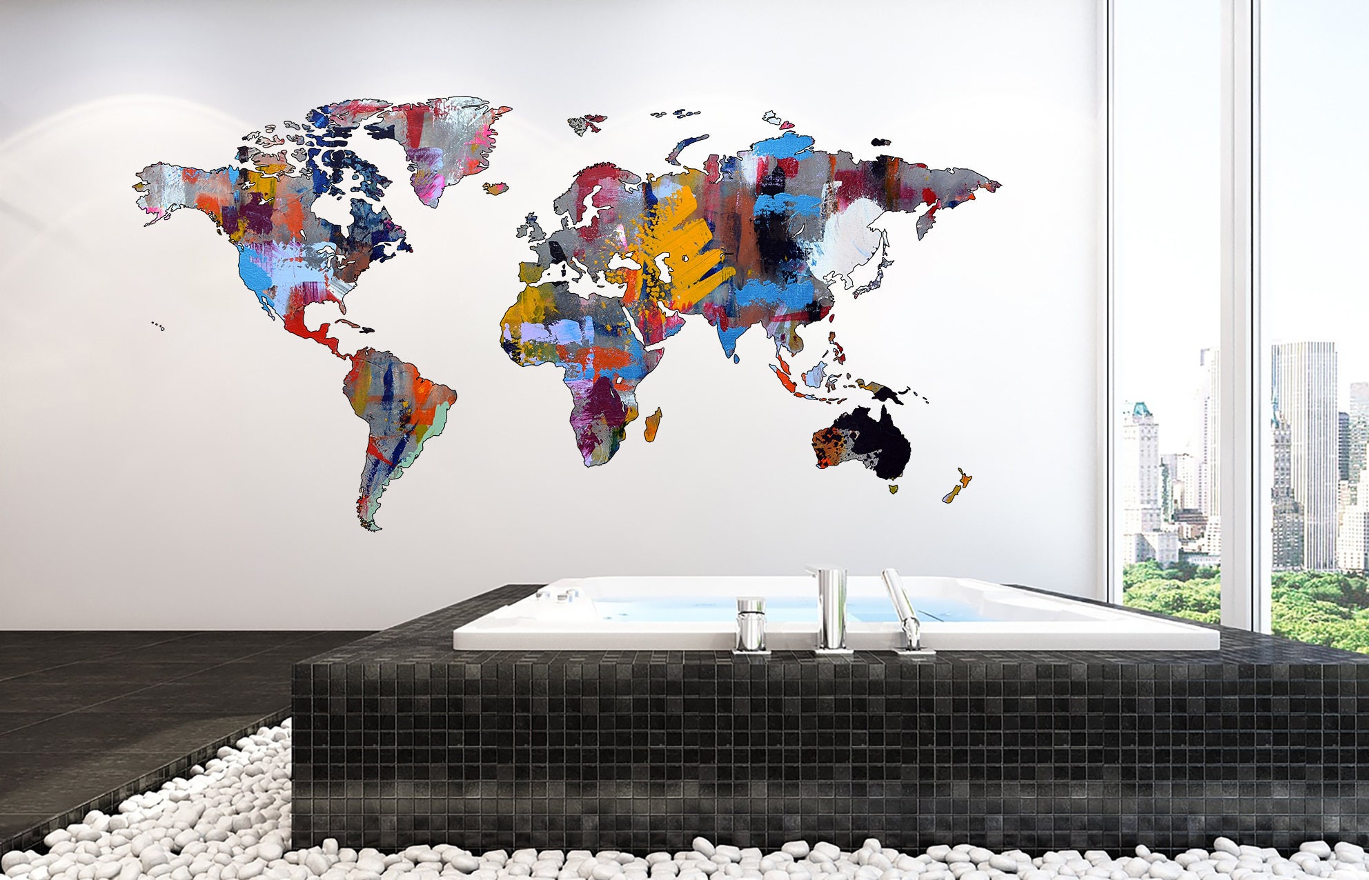 Abstract World Map Wall Decal Map of World Large Wall Sticker Abstract ...