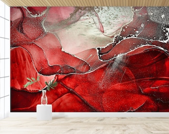 赤い壁紙の壁画 剥がして貼るだけ ホームオフィス 寝室 赤いアクセントウォールデコレーション 抽象的な赤い大理石の壁紙 モダンな壁紙